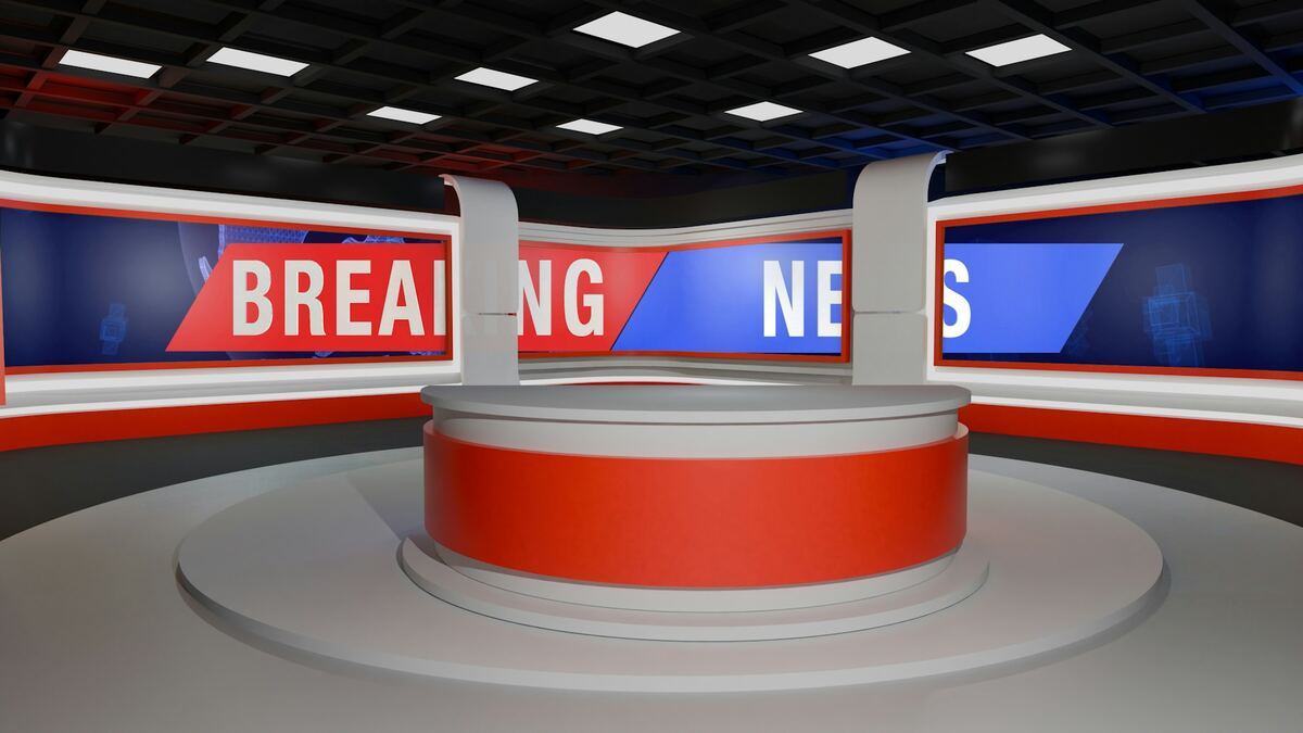 Broadcast studio control room with multiple live monitors
